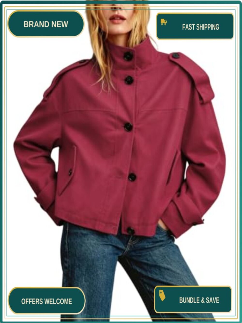 Women's Cropped Trench Coat Oversized Button Down Cotton Jacket